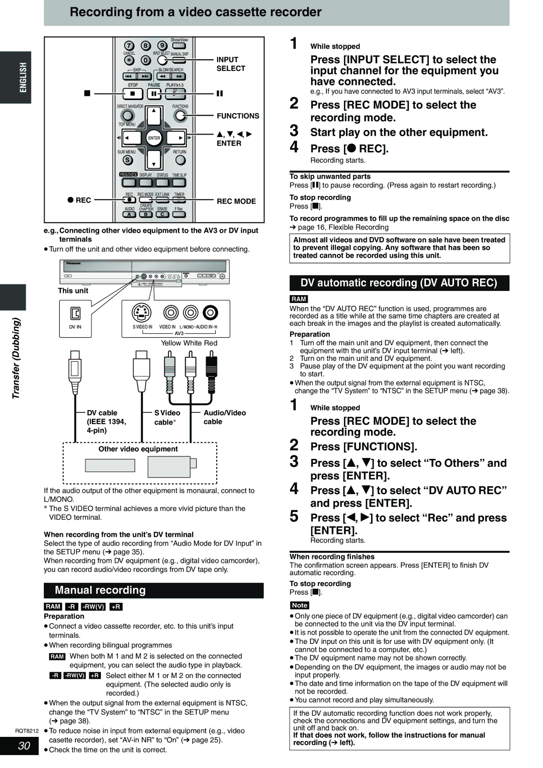 Panasonic DMR-ES20 operating instructions Recording from a video cassette recorder, Manual recording, REC REC Mode 