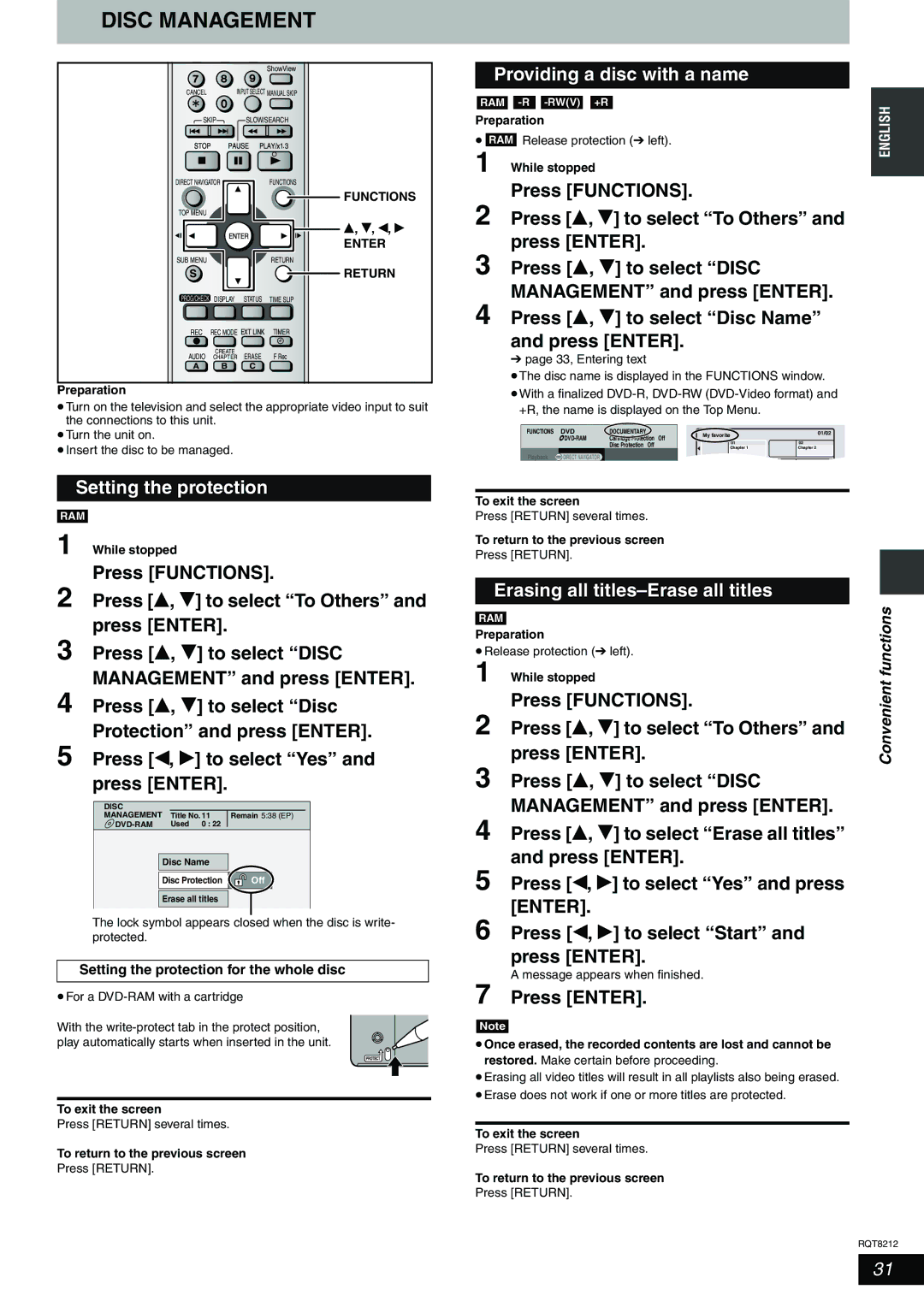 Panasonic DMR-ES20 Setting the protection, Providing a disc with a name, Erasing all titles-Erase all titles 