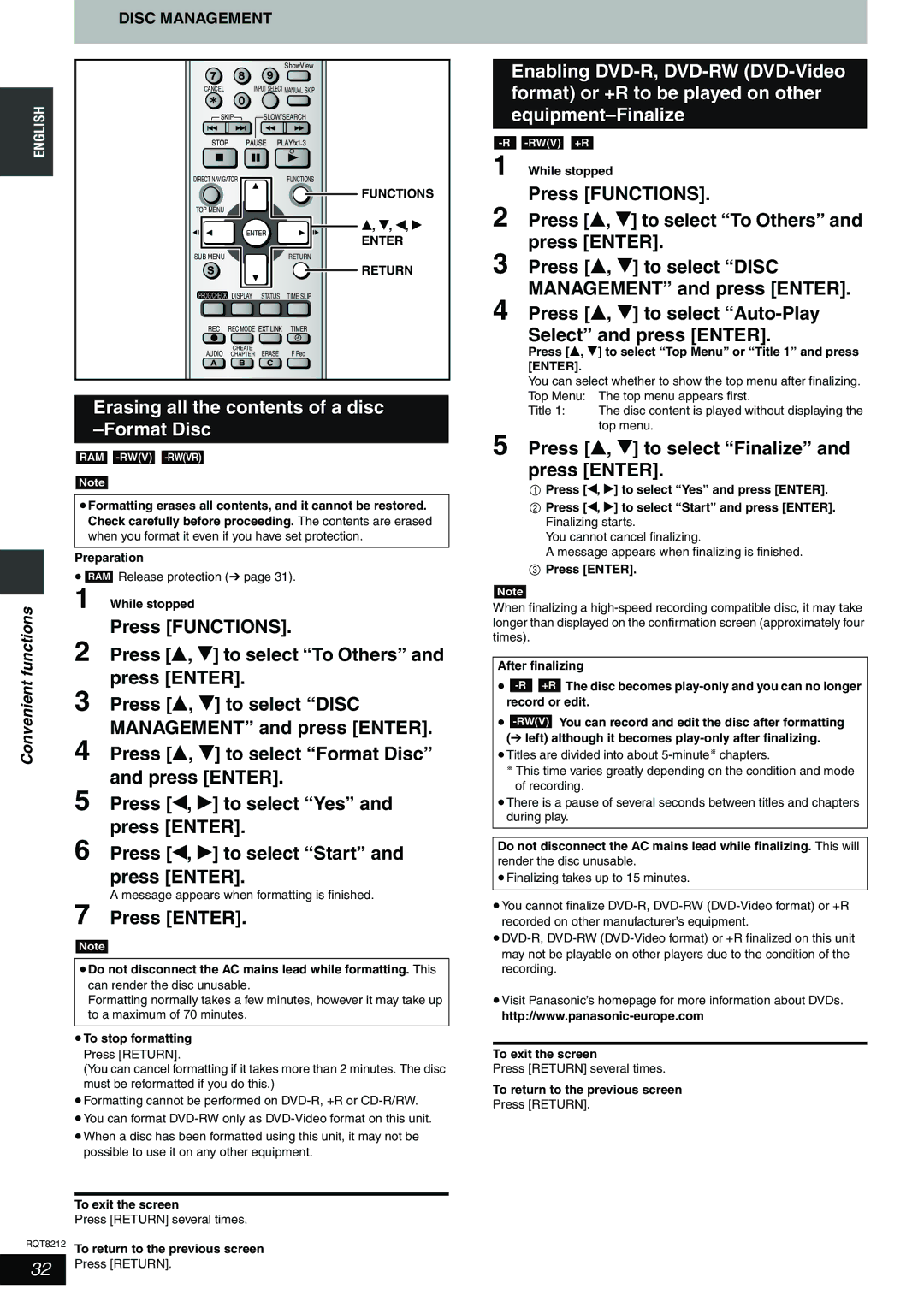 Panasonic DMR-ES20 operating instructions Erasing all the contents of a disc -Format Disc 