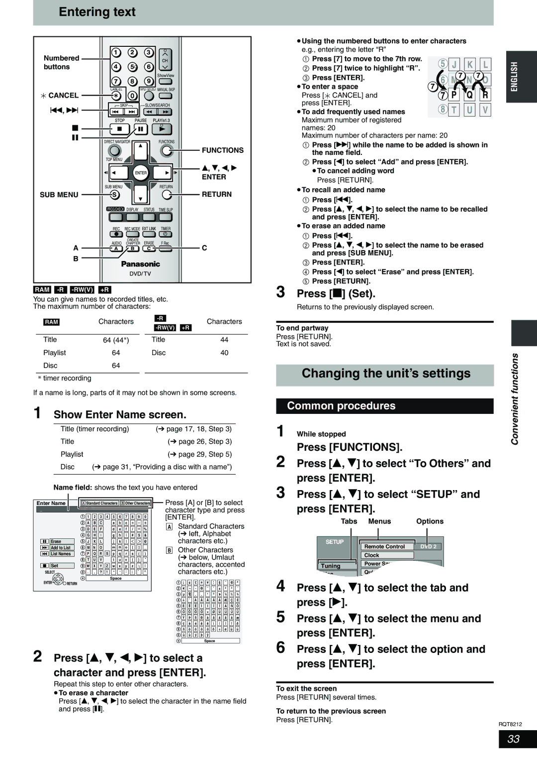 Panasonic DMR-ES20 operating instructions Entering text, Changing the unit’s settings, Show Enter Name screen, Press g Set 