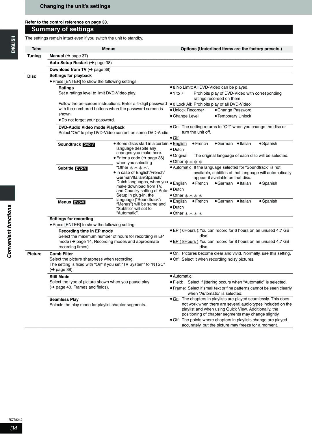 Panasonic DMR-ES20 operating instructions Summary of settings, Changing the unit’s settings, Convenient functions 