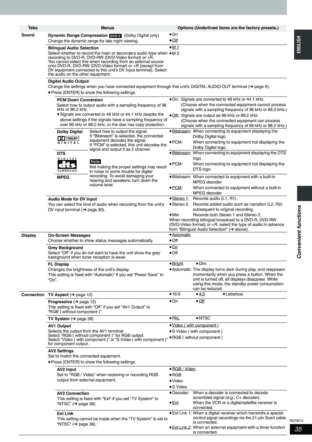 Panasonic DMR-ES20 operating instructions Dts, Mpeg 