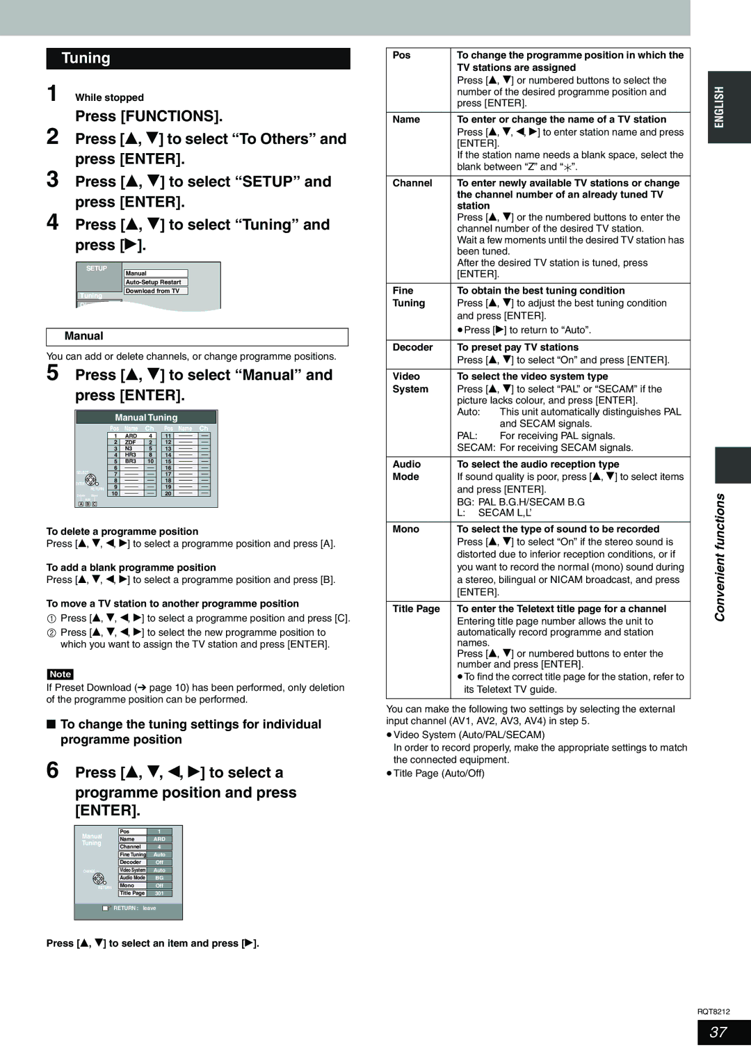 Panasonic DMR-ES20 operating instructions Tuning, Press e, r to select Manual and press Enter 