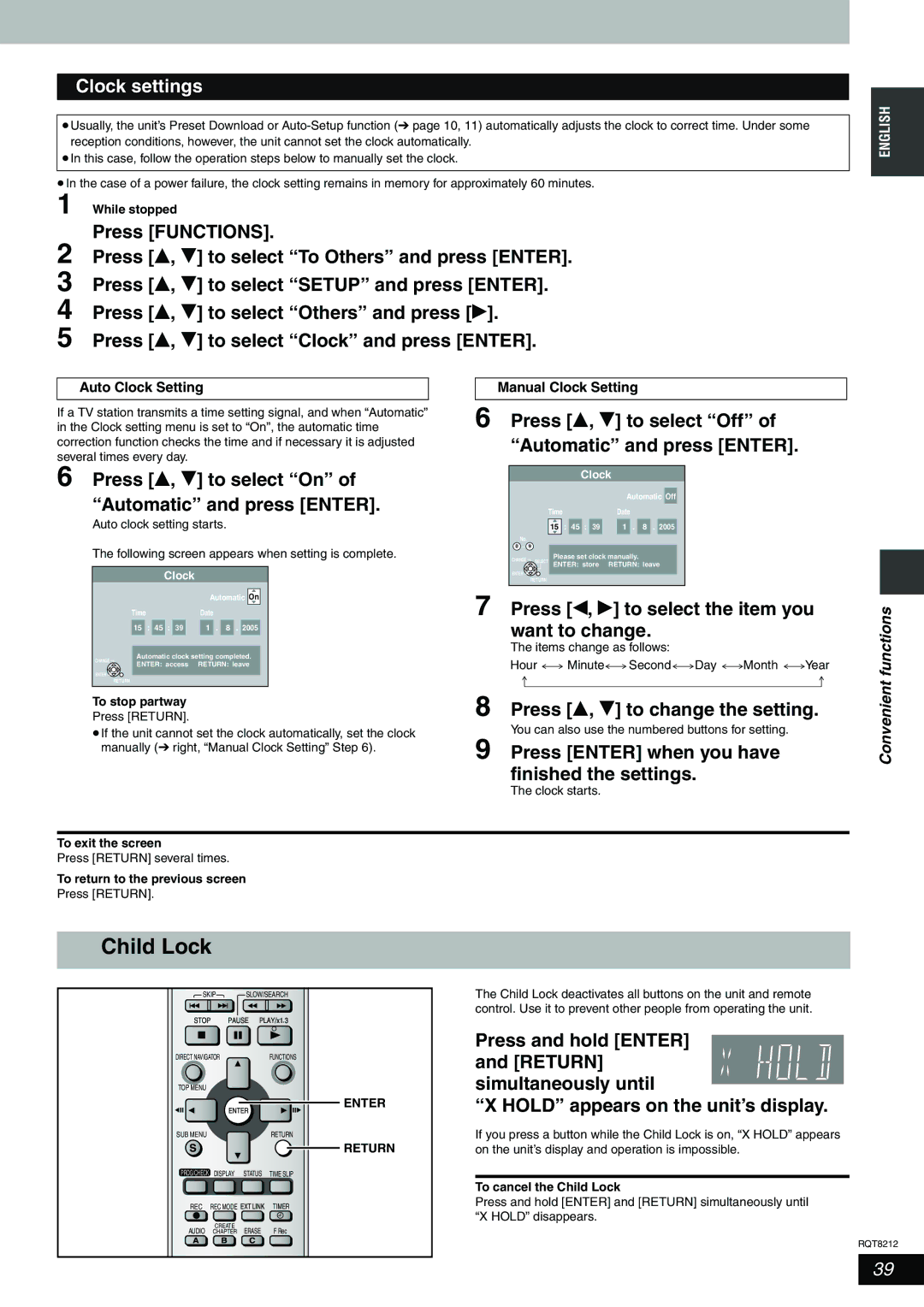 Panasonic DMR-ES20 operating instructions Child Lock, Clock settings 