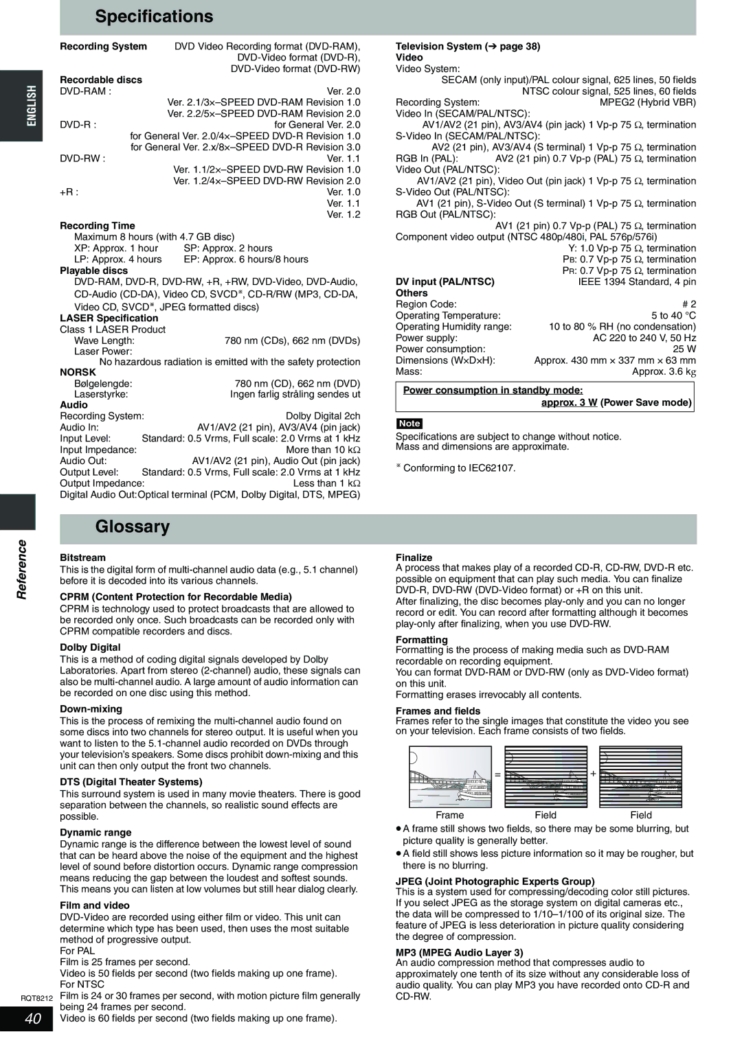 Panasonic DMR-ES20 operating instructions Specifications, Glossary, Reference, Norsk 