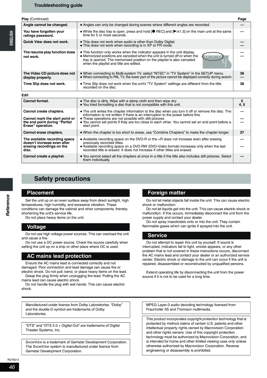 Panasonic DMR-ES20 Safety precautions, Placement Foreign matter, Voltage, Service, AC mains lead protection 