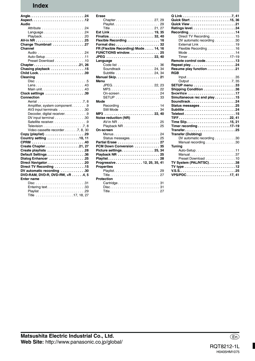 Panasonic DMR-ES20 operating instructions Index, Rgb 