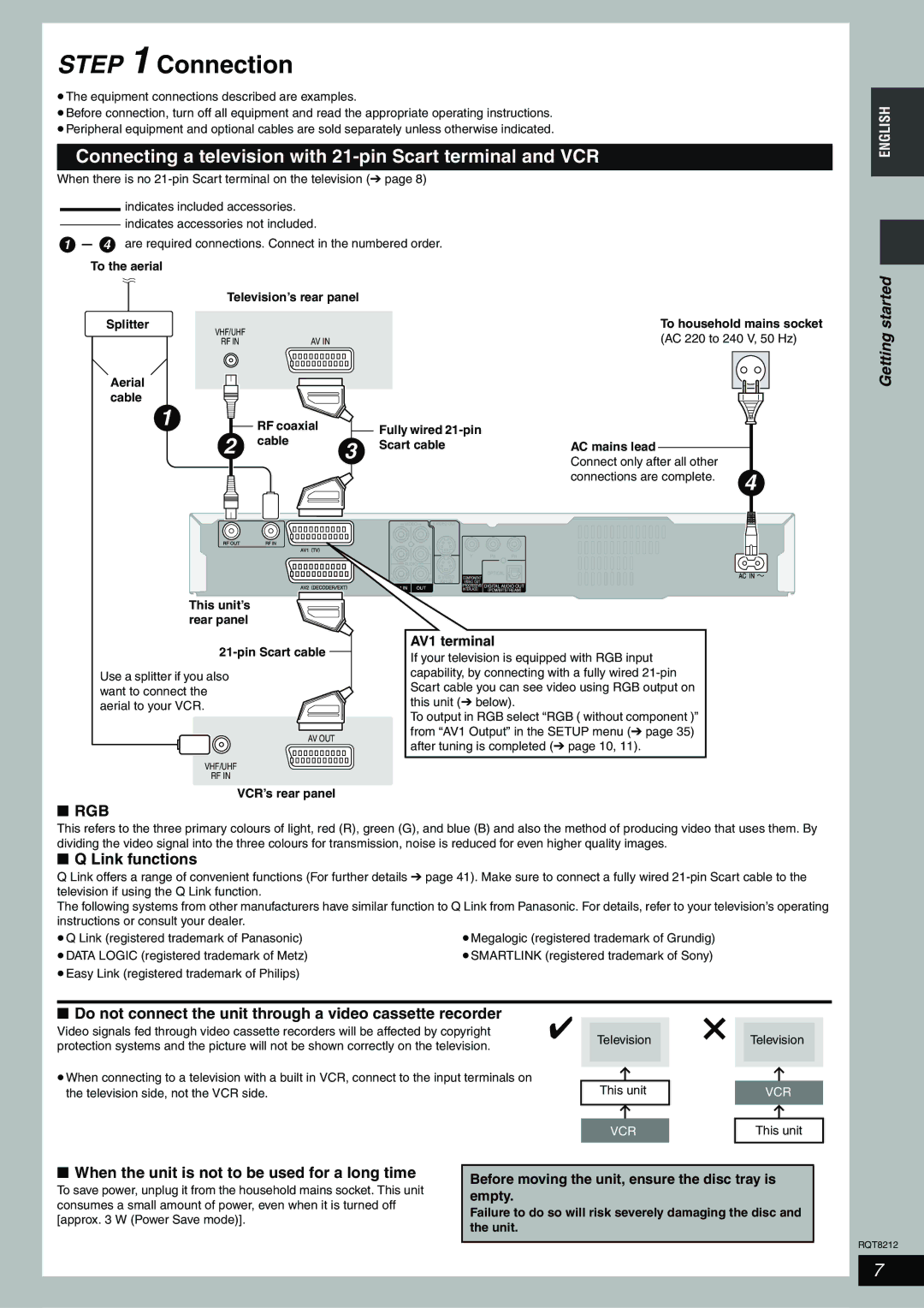 Panasonic DMR-ES20 Connecting a television with 21-pin Scart terminal and VCR, Getting, Link functions 
