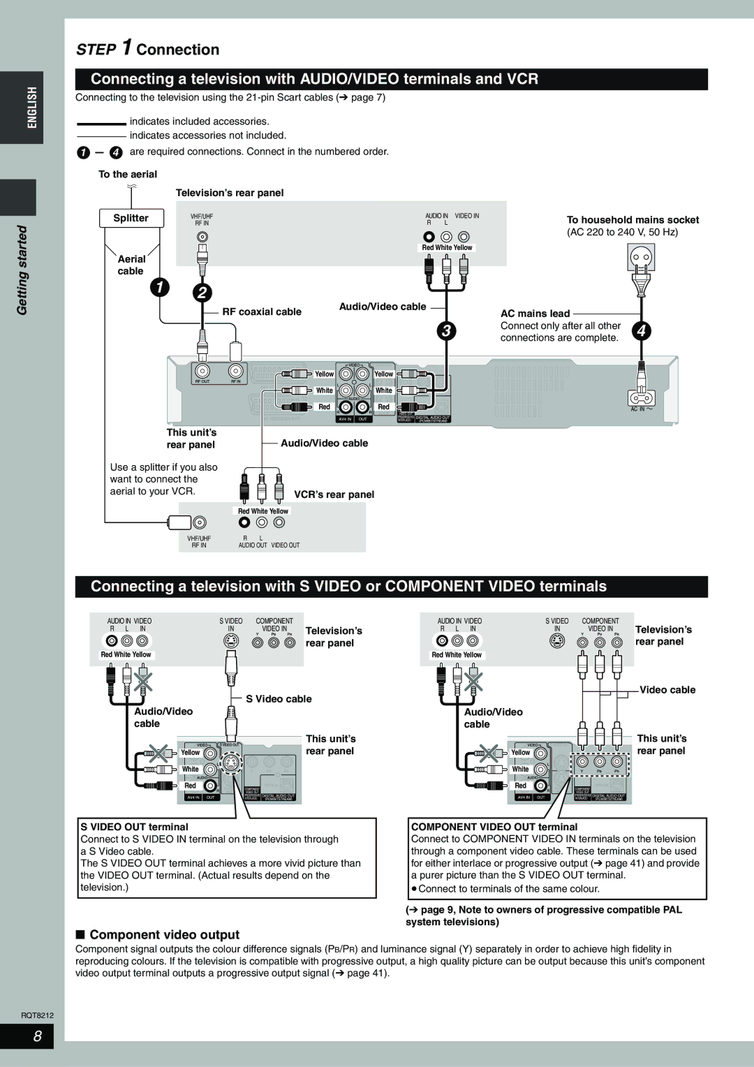 Panasonic DMR-ES20 Connection, Connecting a television with AUDIO/VIDEO terminals and VCR, Component video output 