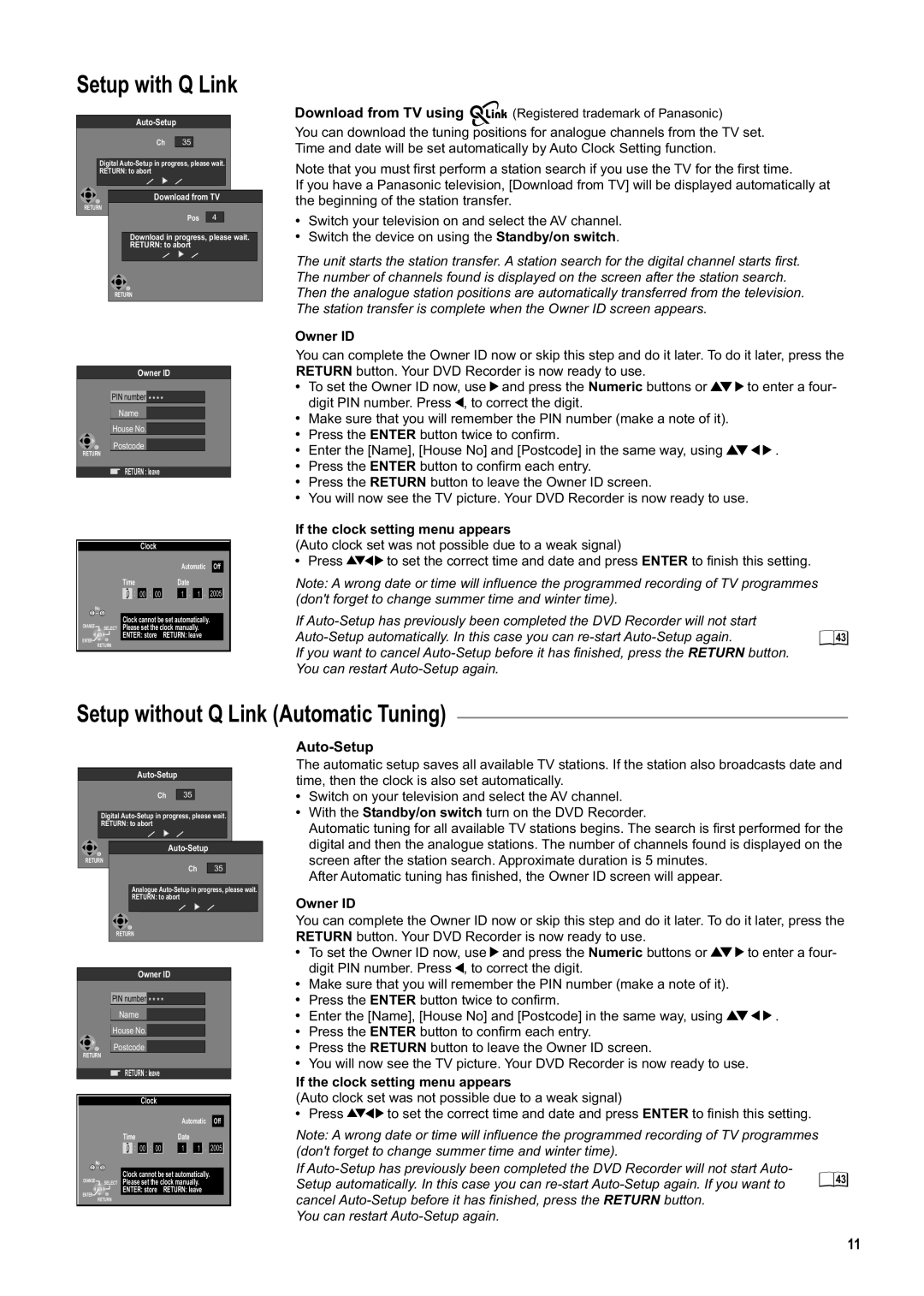 Panasonic DMR-ES20DEB manual Setup with Q Link, Setup without Q Link Automatic Tuning, Auto-Setup, Owner ID 