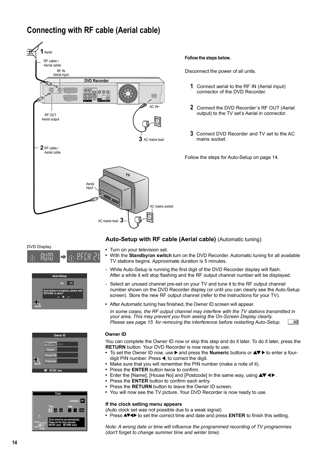 Panasonic DMR-ES20DEB manual Connecting with RF cable Aerial cable, Auto-Setup with RF cable Aerial cable Automatic tuning 