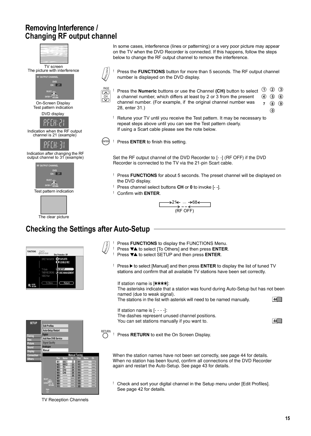 Panasonic DMR-ES20DEB manual Removing Interference / Changing RF output channel, Checking the Settings after Auto-Setup 