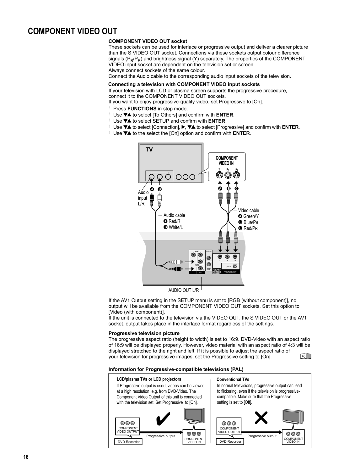 Panasonic DMR-ES20DEB manual Component Video OUT socket, Connecting a television with Component Video input sockets 