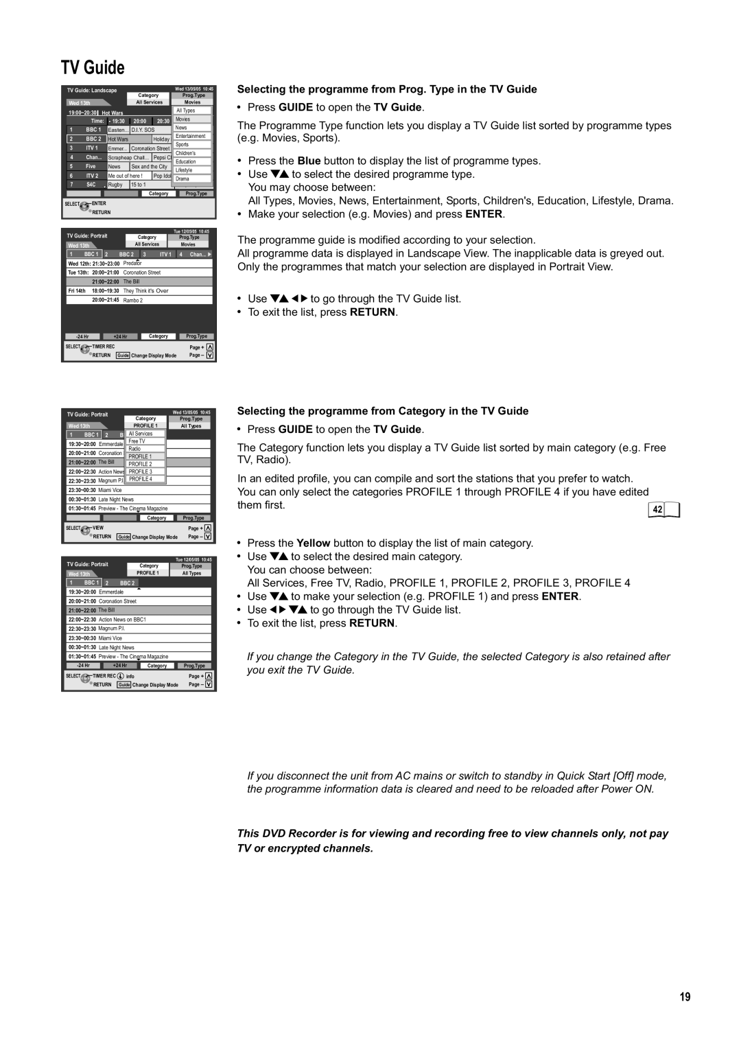 Panasonic DMR-ES20DEB manual Selecting the programme from Prog. Type in the TV Guide 