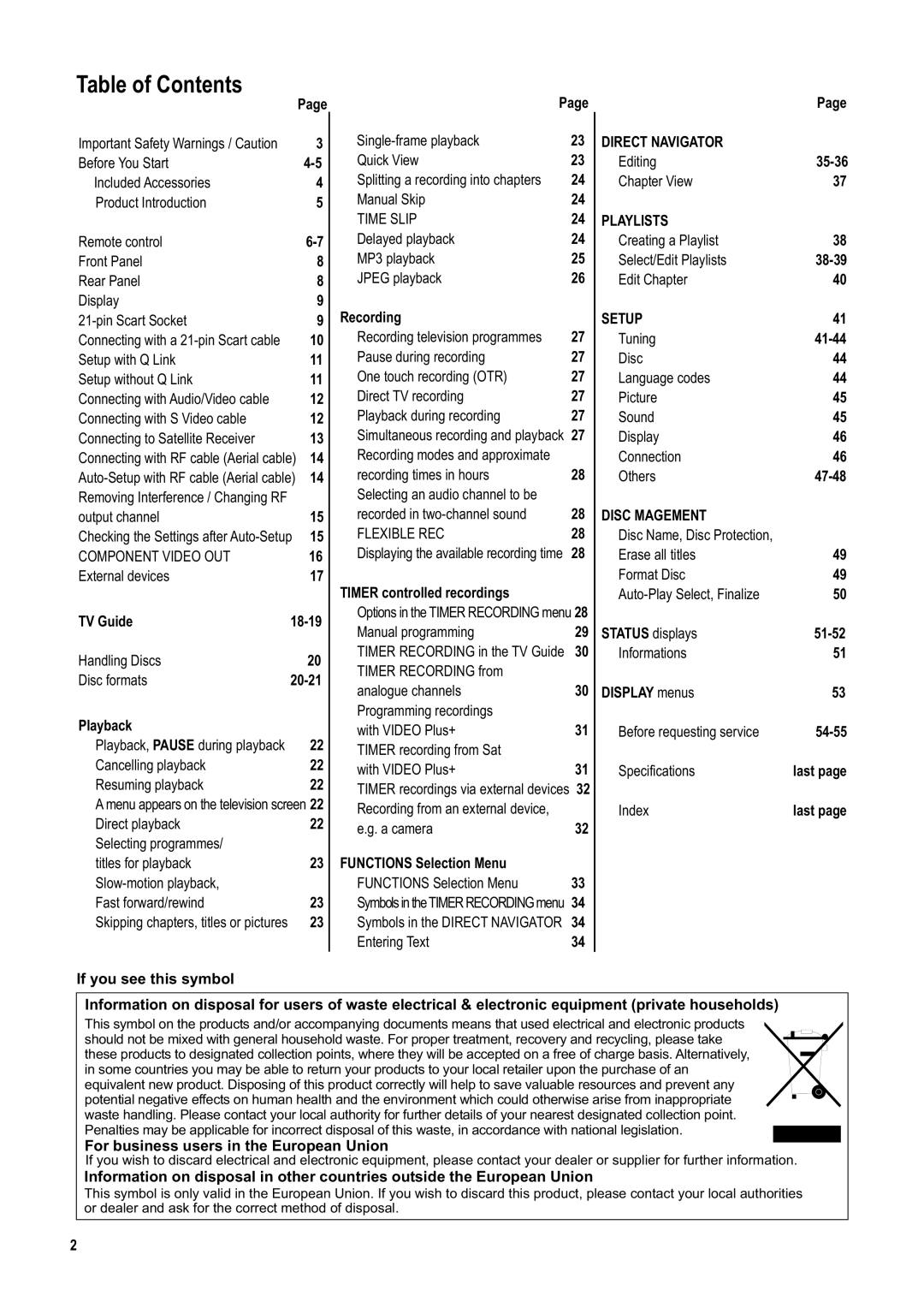 Panasonic DMR-ES20DEB manual Table of Contents 