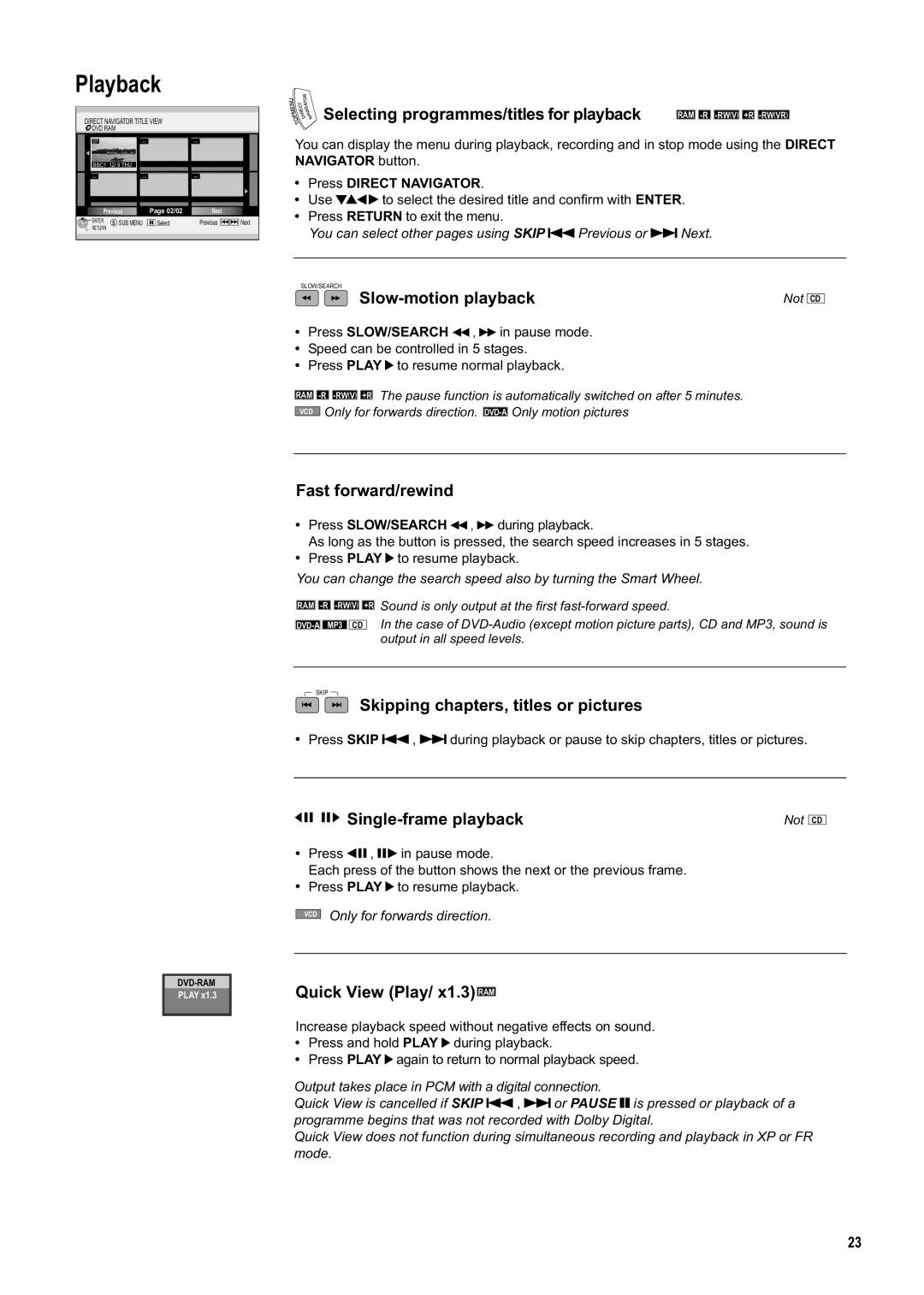 Panasonic DMR-ES20DEB manual Slow-motion playback, Fast forward/rewind, Skipping chapters, titles or pictures 