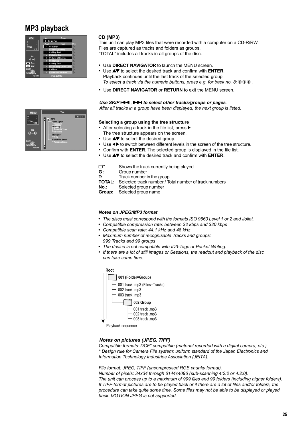 Panasonic DMR-ES20DEB manual MP3 playback, CD MP3, Use Direct Navigator or Return to exit the Menu screen 