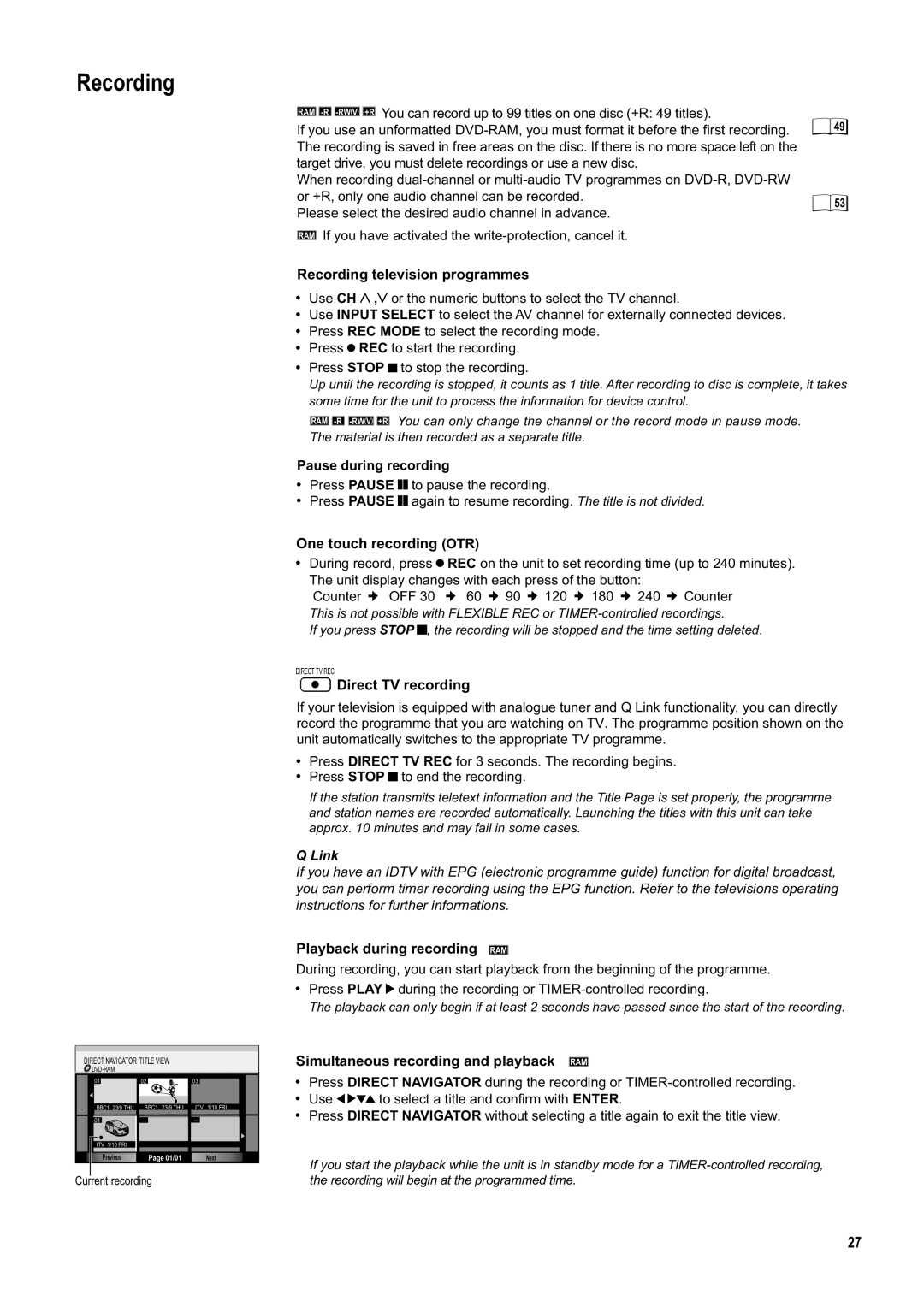 Panasonic DMR-ES20DEB manual Recording 