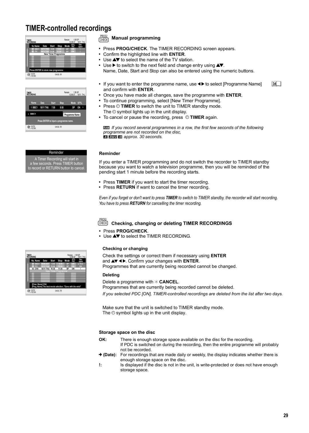 Panasonic DMR-ES20DEB manual CHECKPROG/ Manual programming, Check Checking, changing or deleting Timer Recordings, Reminder 