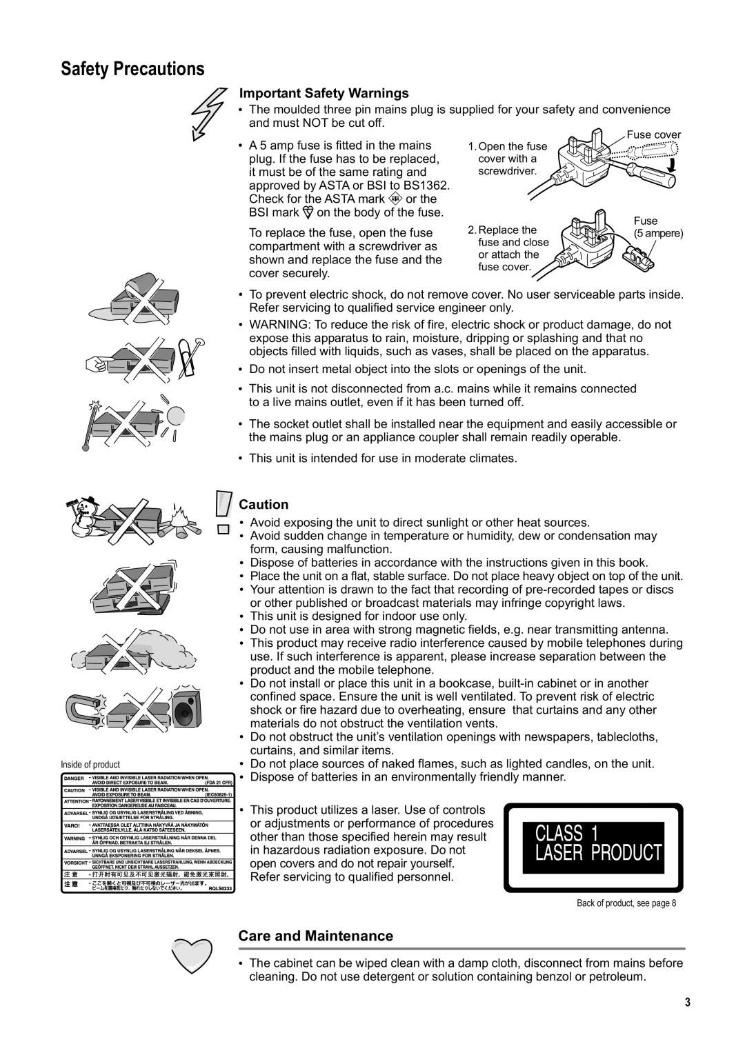 Panasonic DMR-ES20DEB manual Safety Precautions, Important Safety Warnings, Fuse and close Or attach Fuse cover 