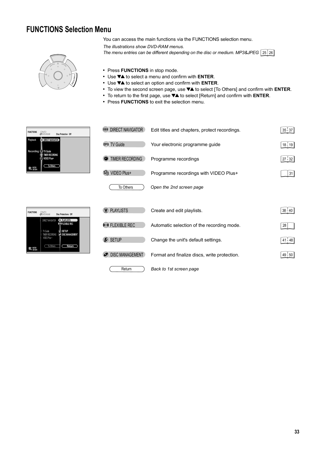 Panasonic DMR-ES20DEB manual Functions Selection Menu, Create and edit playlists, Automatic selection of the recording mode 