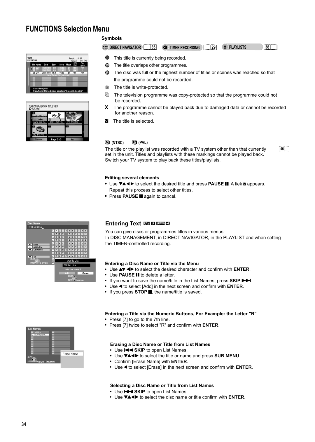 Panasonic DMR-ES20DEB manual Entering Text RAM -R -RWV +R, Symbols 