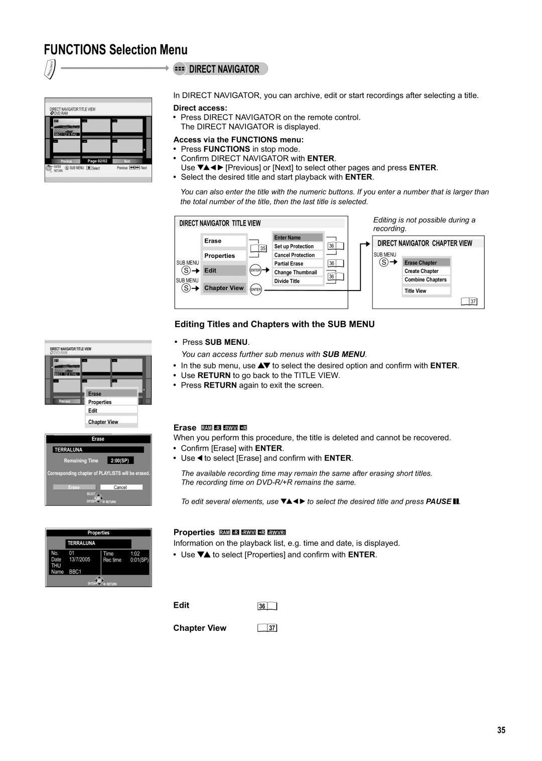 Panasonic DMR-ES20DEB manual Editing Titles and Chapters with the SUB Menu, Edit Chapter View 