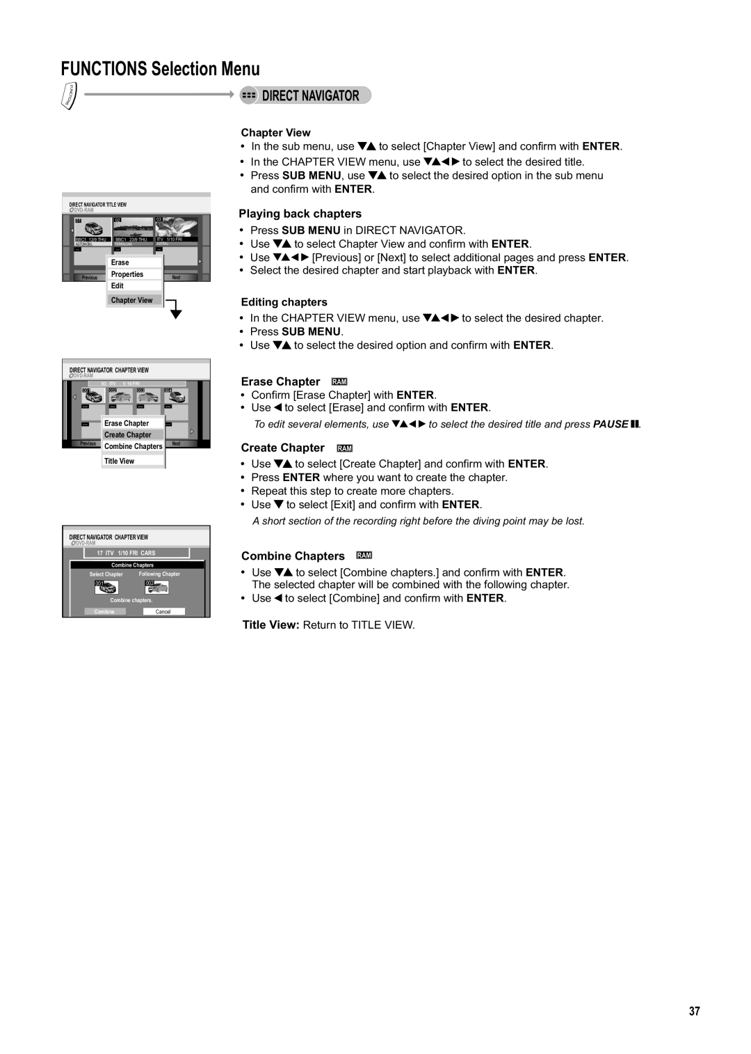 Panasonic DMR-ES20DEB manual Playing back chapters, Erase Chapter RAM, Create Chapter RAM, Combine Chapters RAM 