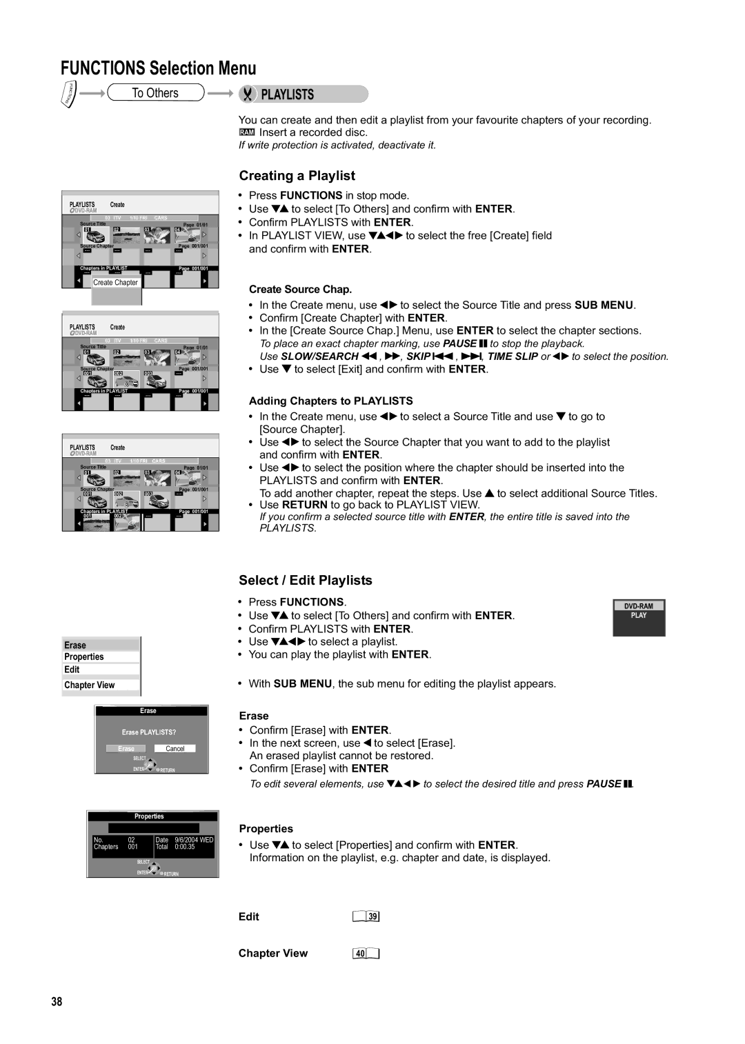 Panasonic DMR-ES20DEB manual To Others, Creating a Playlist, Select / Edit Playlists 