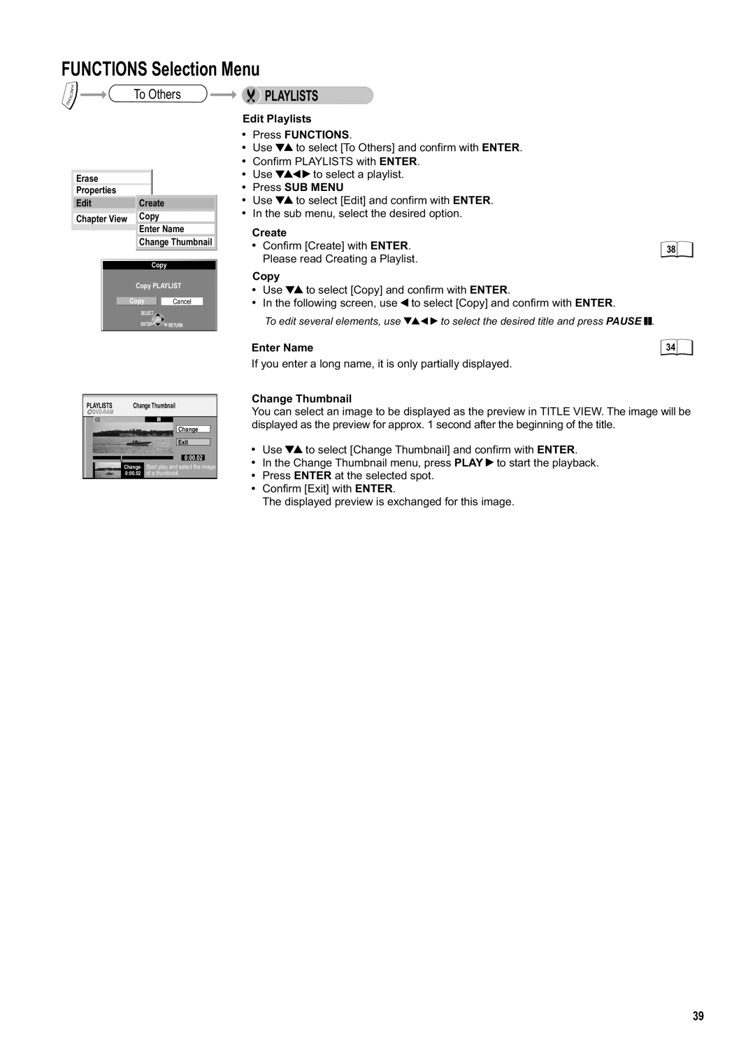 Panasonic DMR-ES20DEB manual Edit Playlists Press Functions, Create, Copy, Enter Name, Change Thumbnail 