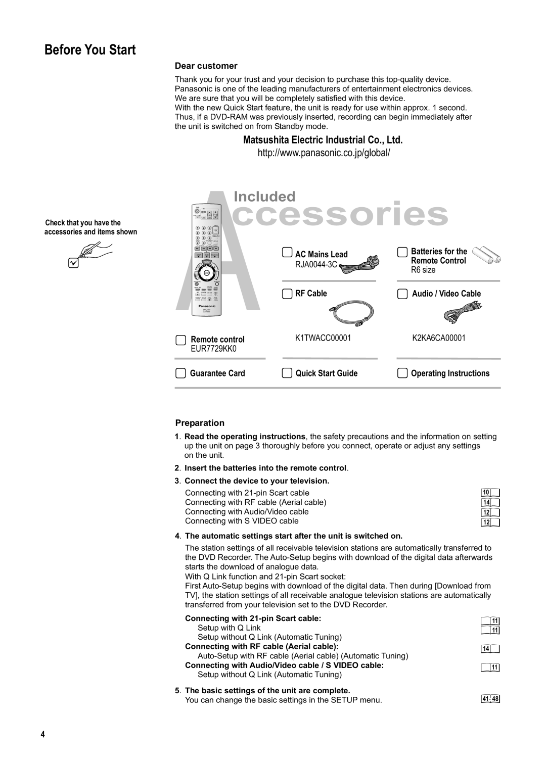 Panasonic DMR-ES20DEB manual Before You Start 