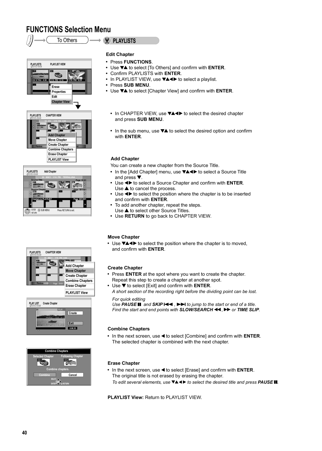 Panasonic DMR-ES20DEB manual Edit Chapter, Add Chapter, Move Chapter, Create Chapter, Combine Chapters, Erase Chapter 