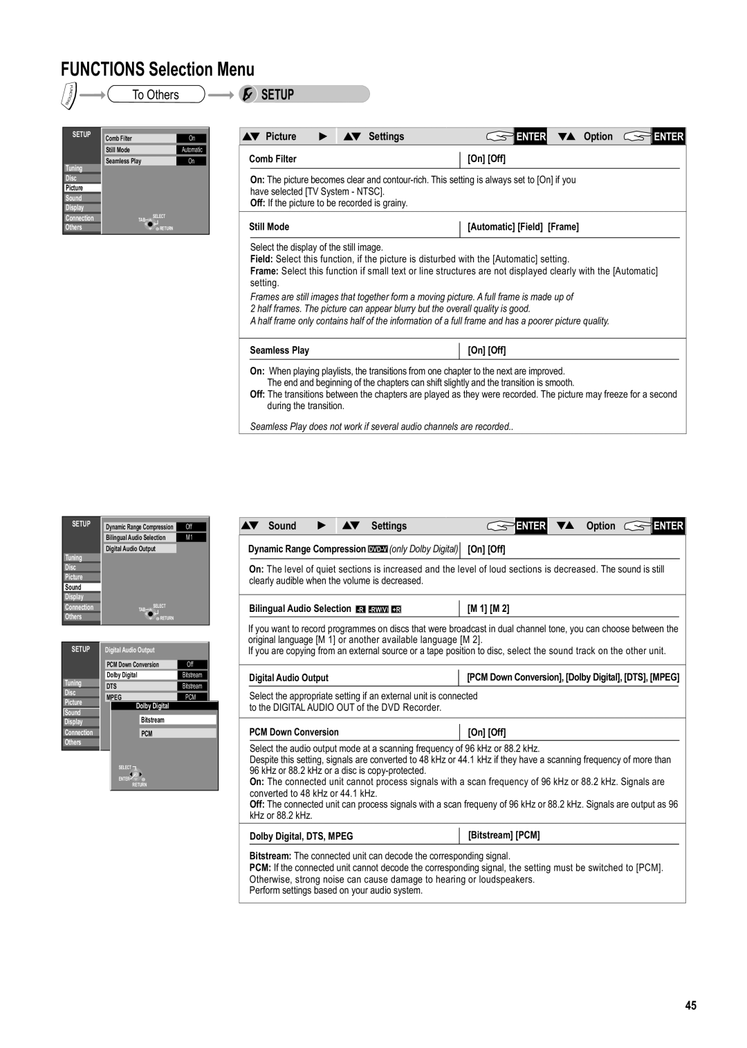 Panasonic DMR-ES20DEB manual Picture Settings, Sound Settings, Seamless Play On Off, Digital Audio Output 