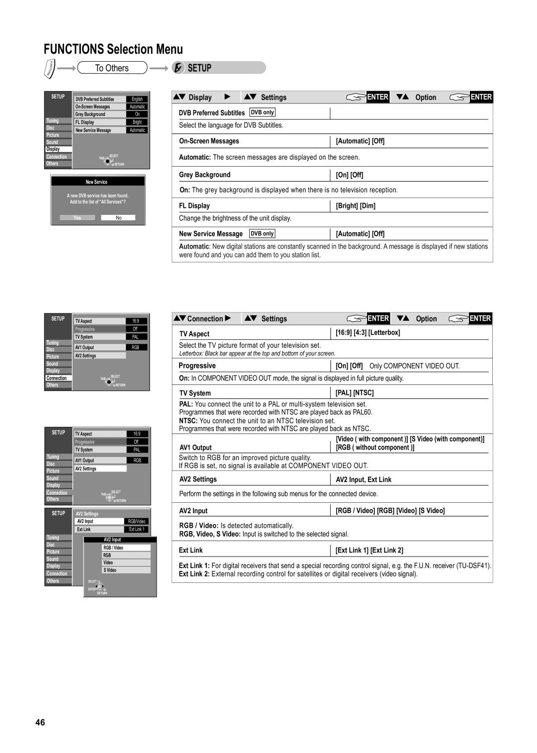 Panasonic DMR-ES20DEB manual Display Settings, Connection Settings, Progressive 