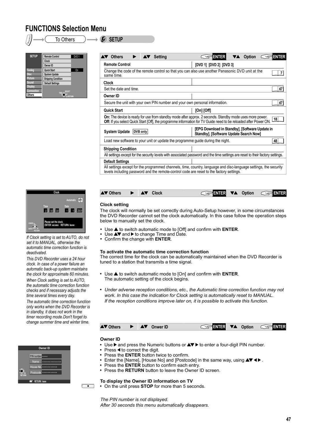 Panasonic DMR-ES20DEB Others Setting, Others Clock, Clock setting, To activate the automatic time correction function 