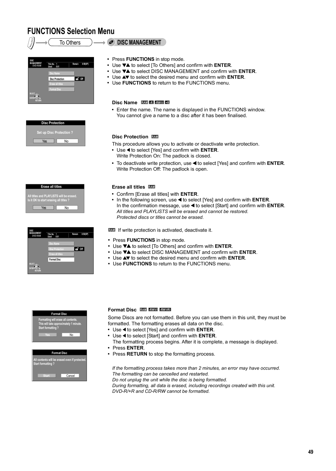 Panasonic DMR-ES20DEB manual Disc Protection RAM, Erase all titles RAM, Format Disc RAM -RWV -RWVR 