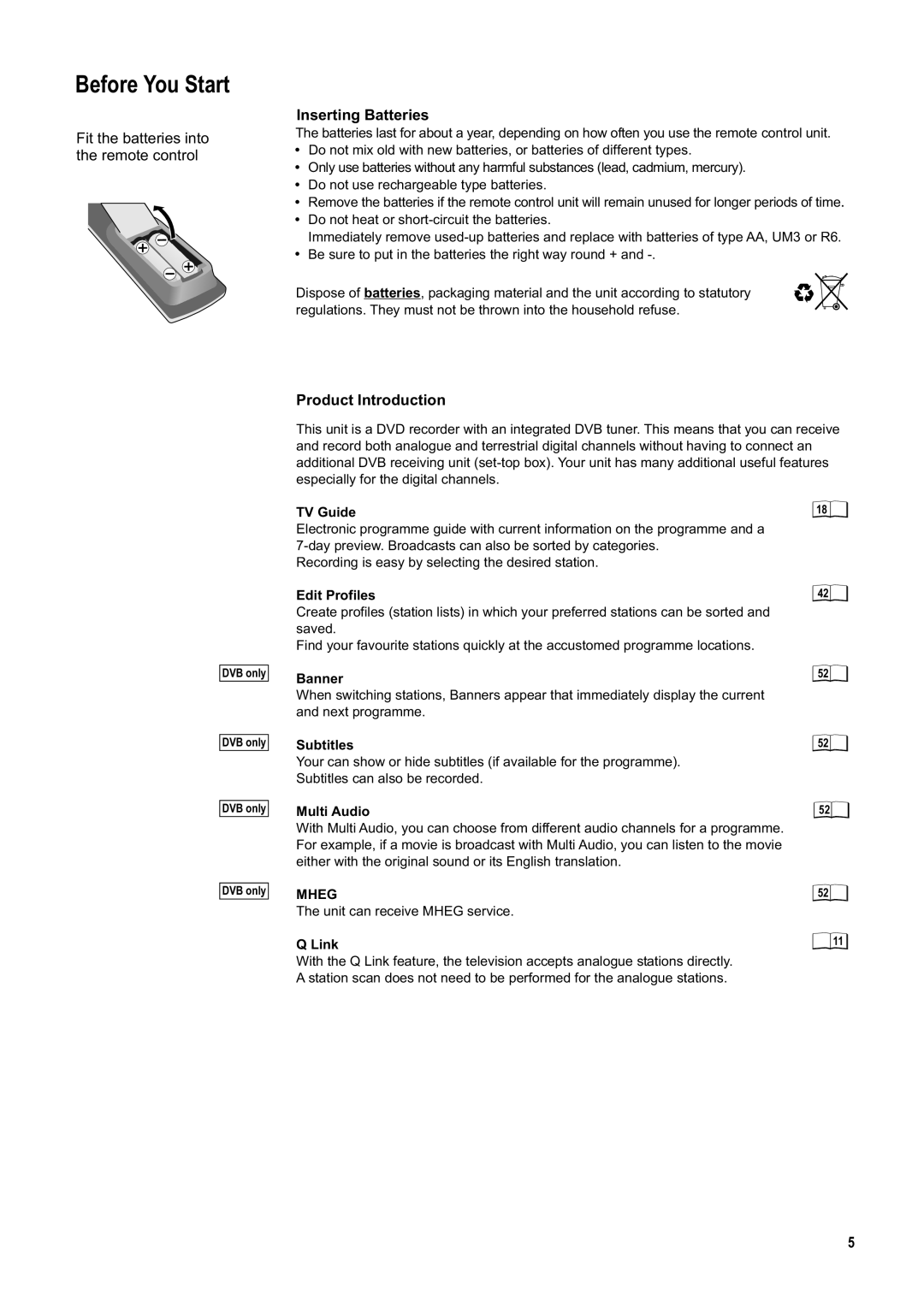 Panasonic DMR-ES20DEB manual Inserting Batteries, Product Introduction 