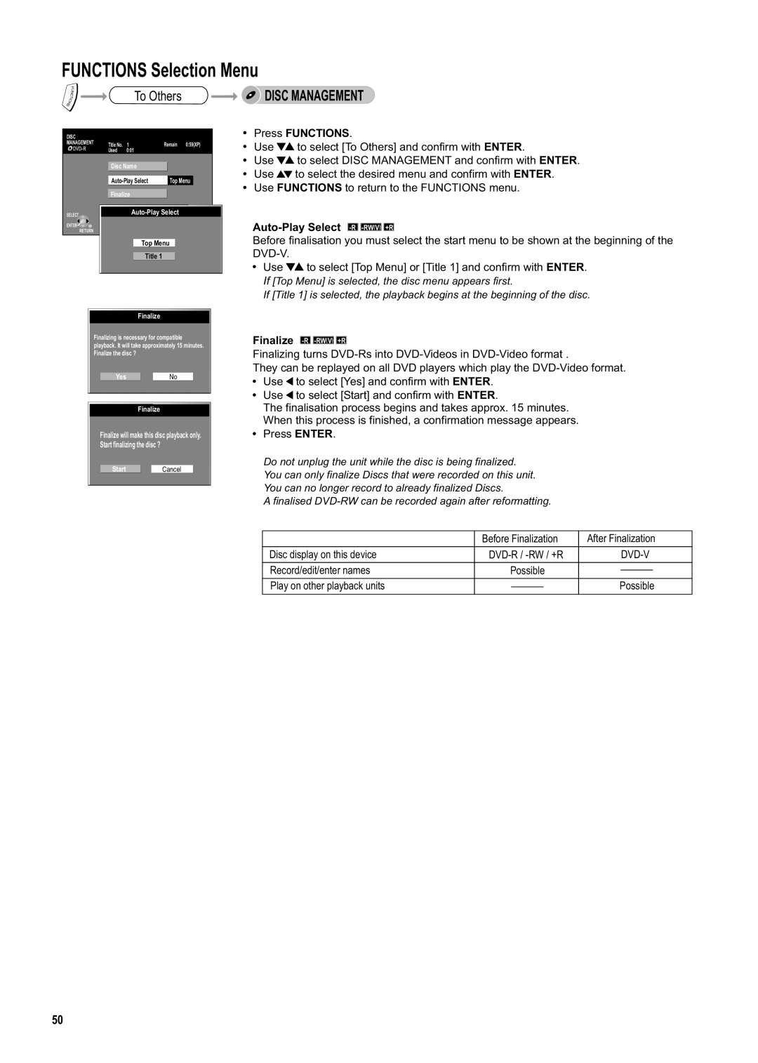 Panasonic DMR-ES20DEB manual Disc Management, Auto-Play Select -R -RWV +R 