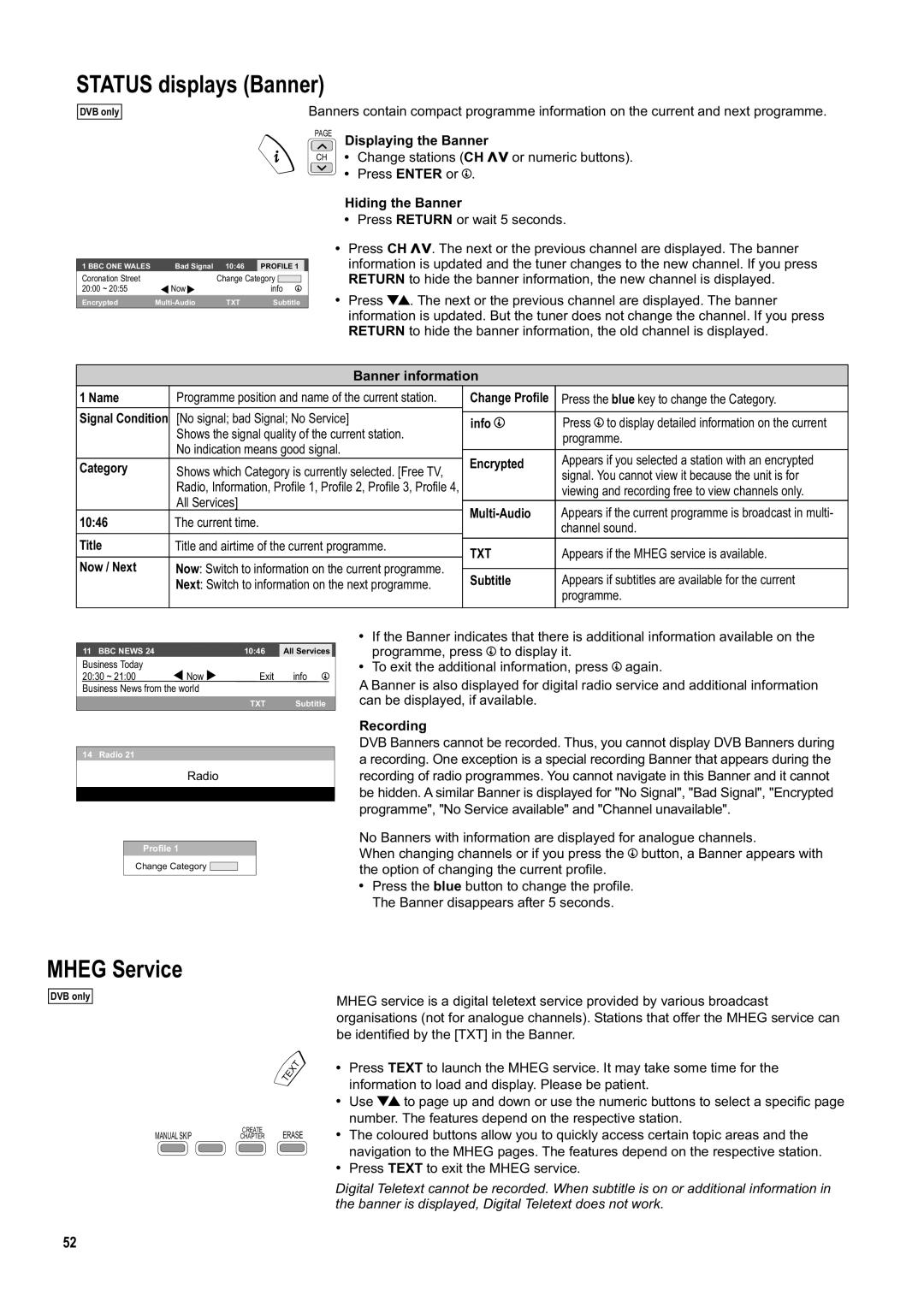 Panasonic DMR-ES20DEB manual Status displays Banner, Mheg Service 