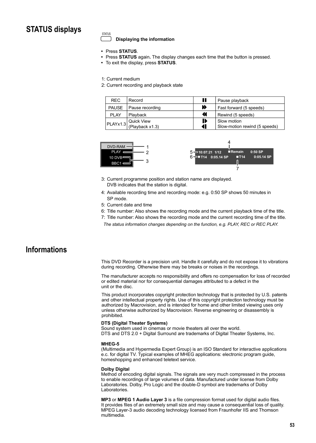 Panasonic DMR-ES20DEB manual Status displays, Informations, Displaying the information, DTS Digital Theater Systems 