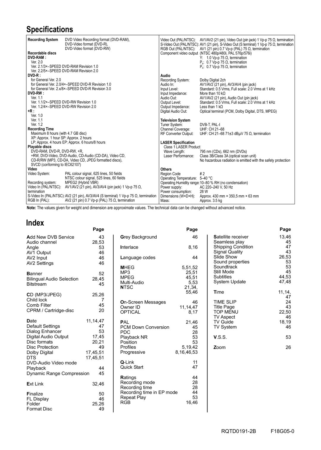 Panasonic DMR-ES20DEB manual Specifications, Index 