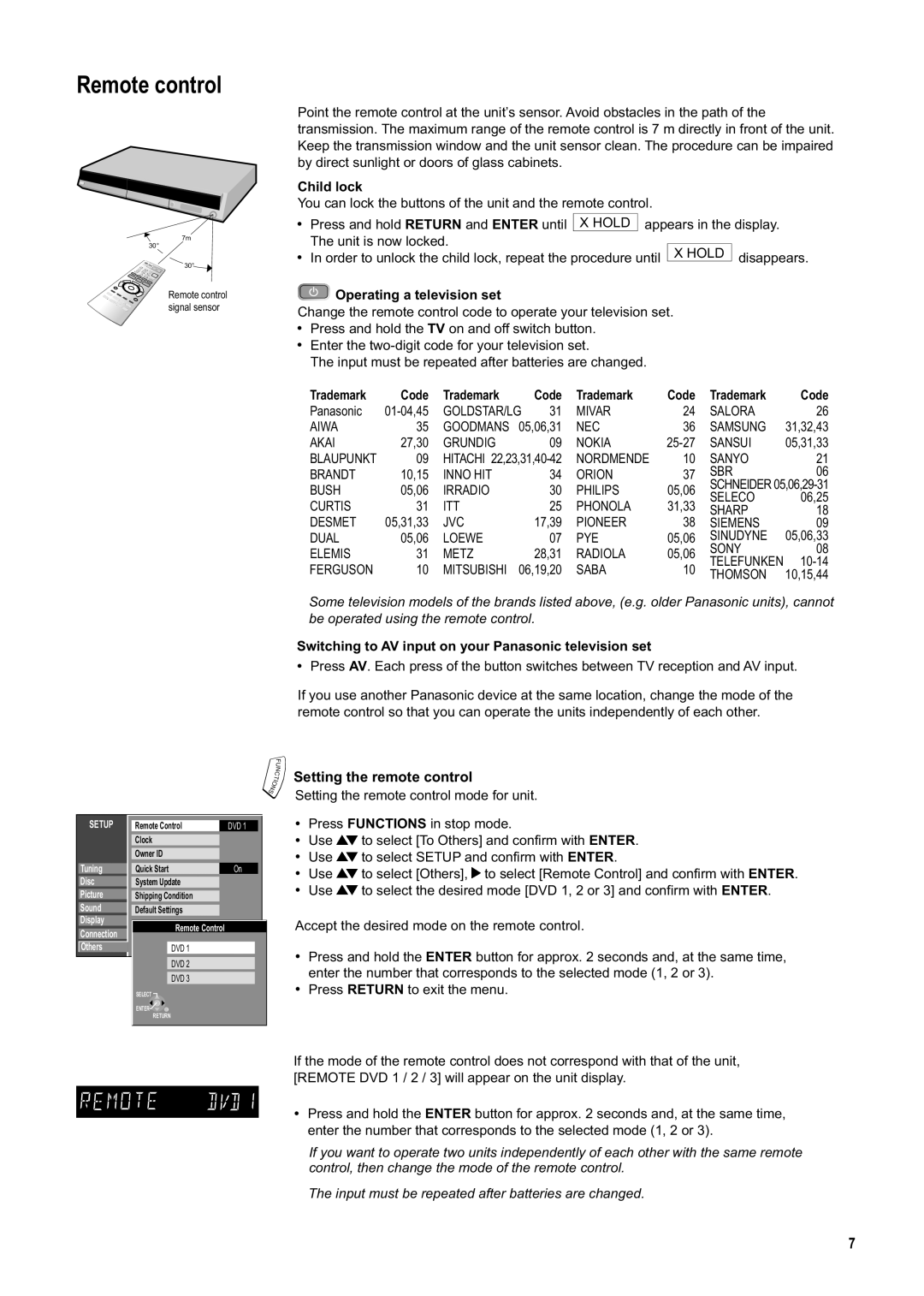 Panasonic DMR-ES20DEB manual Setting the remote control, Child lock, Operating a television set, Trademark Code 