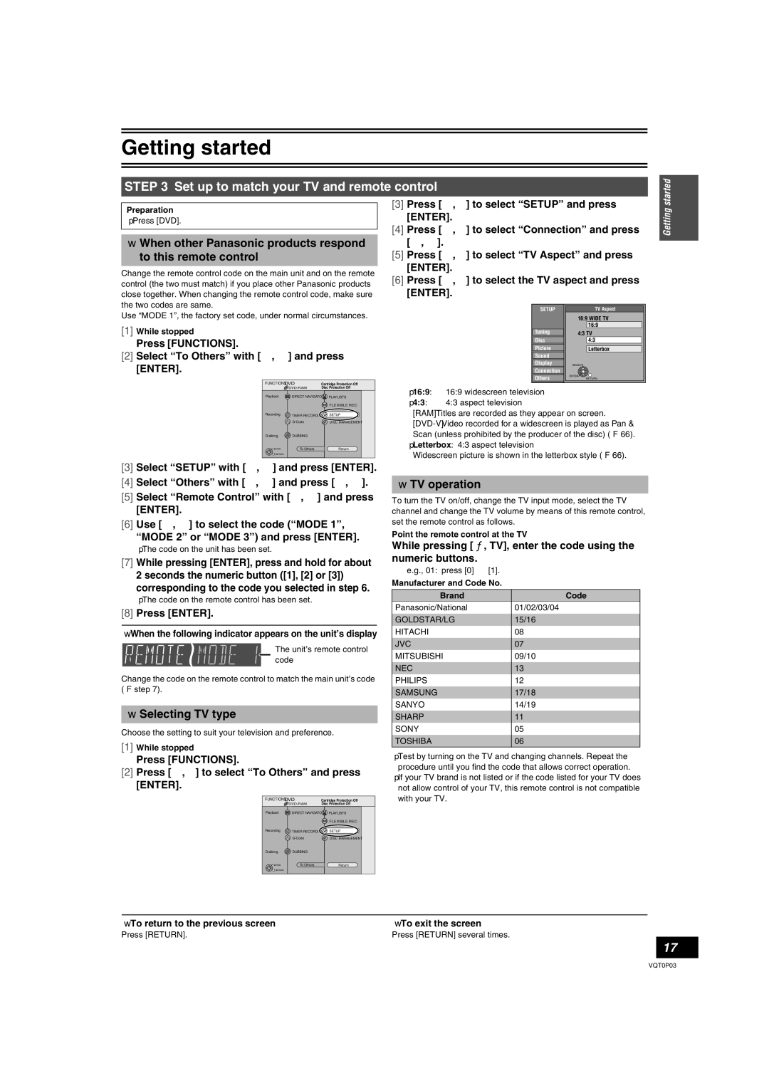 Panasonic DMR-ES30V operating instructions Set up to match your TV and remote control, Selecting TV type, TV operation 