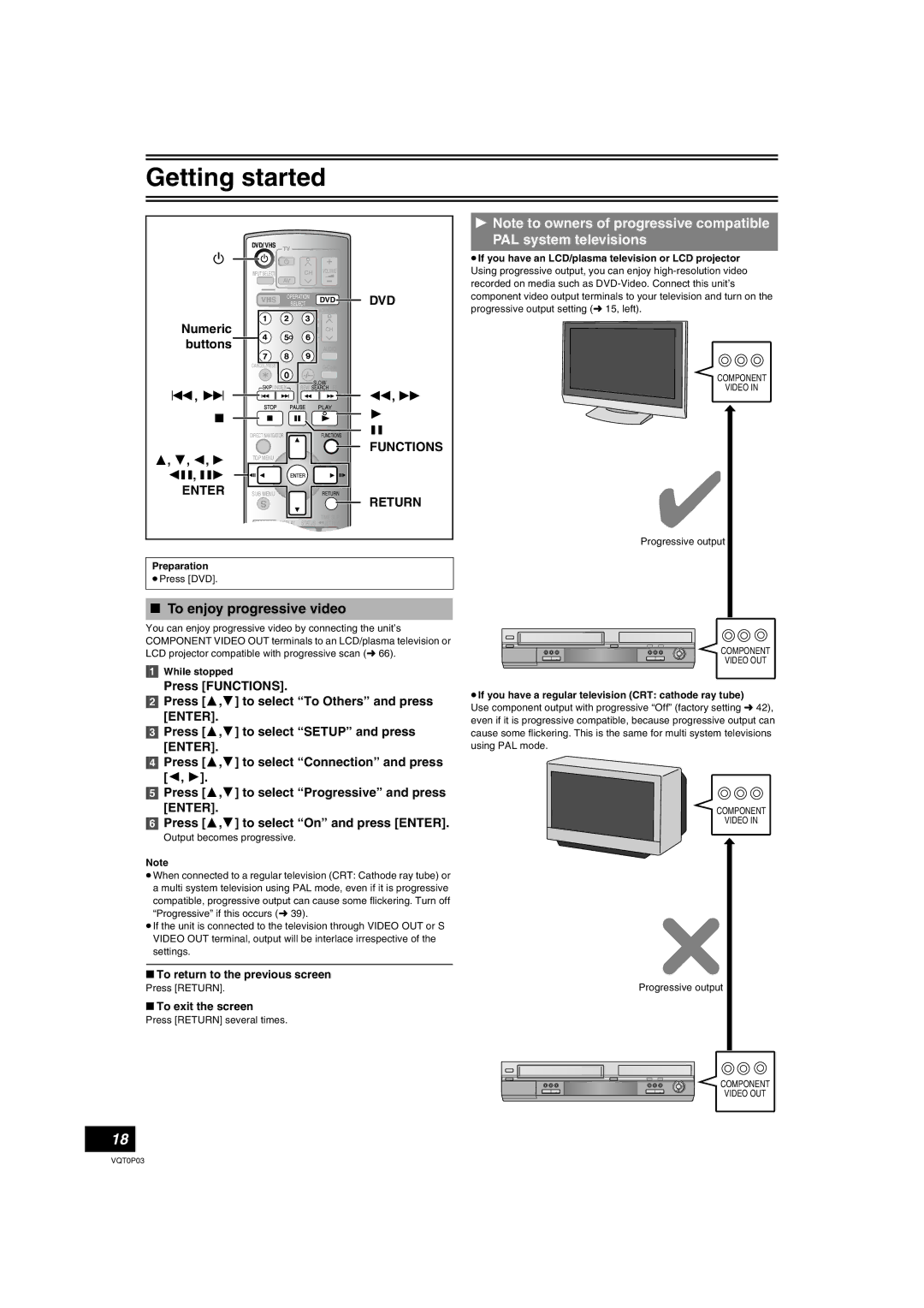 Panasonic DMR-ES30V PAL system televisions, To enjoy progressive video, To return to the previous screen 