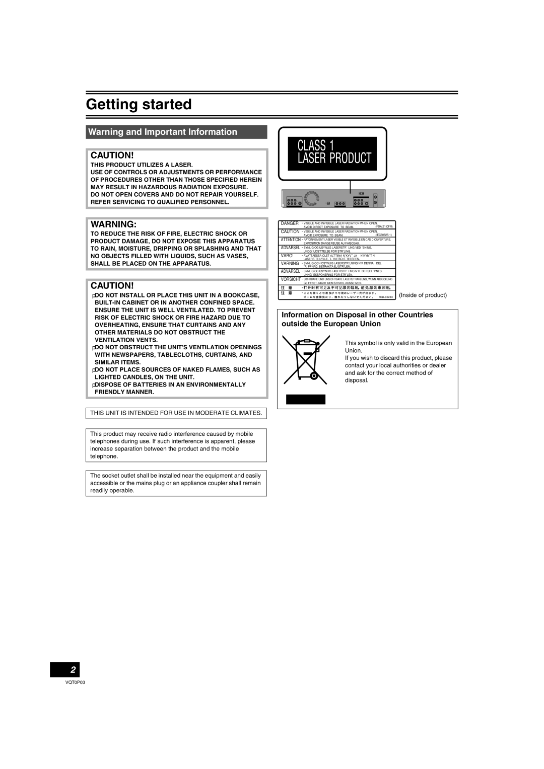 Panasonic DMR-ES30V operating instructions This Unit is Intended for USE in Moderate Climates, RQLS0233 Inside of product 