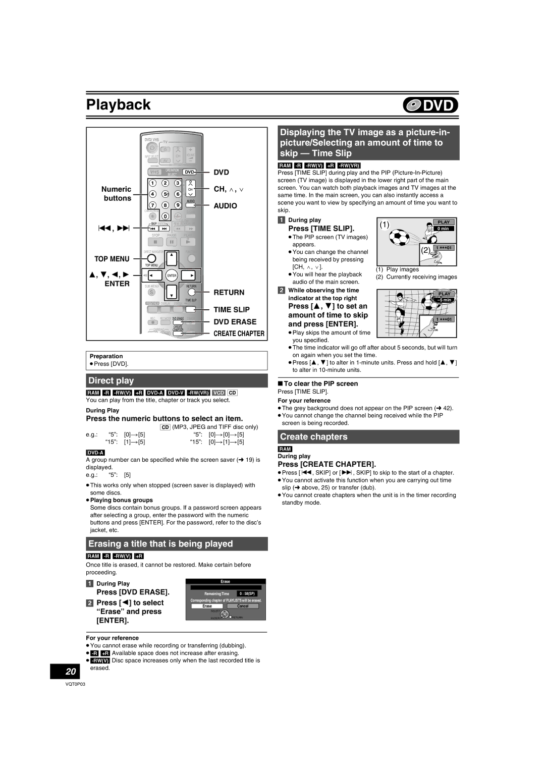 Panasonic DMR-ES30V operating instructions Direct play, Create chapters, Erasing a title that is being played 