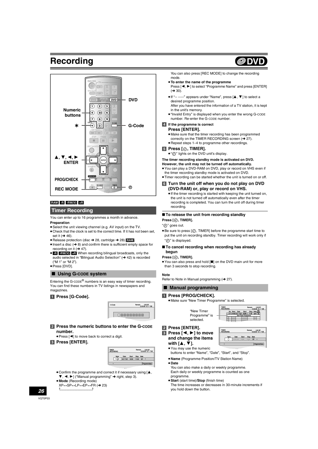 Panasonic DMR-ES30V operating instructions Timer Recording, Using G-CODEsystem, Manual programming 