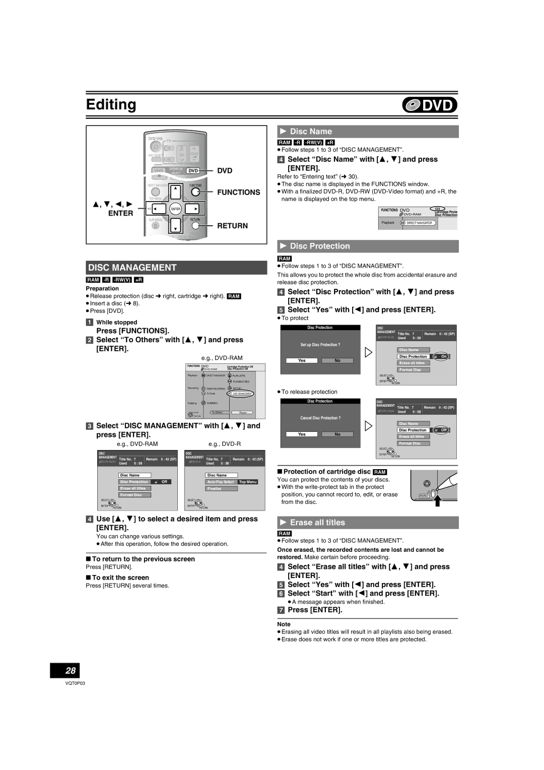 Panasonic DMR-ES30V operating instructions Disc Protection, Erase all titles, Select Disc Name with 3, 4 and press 