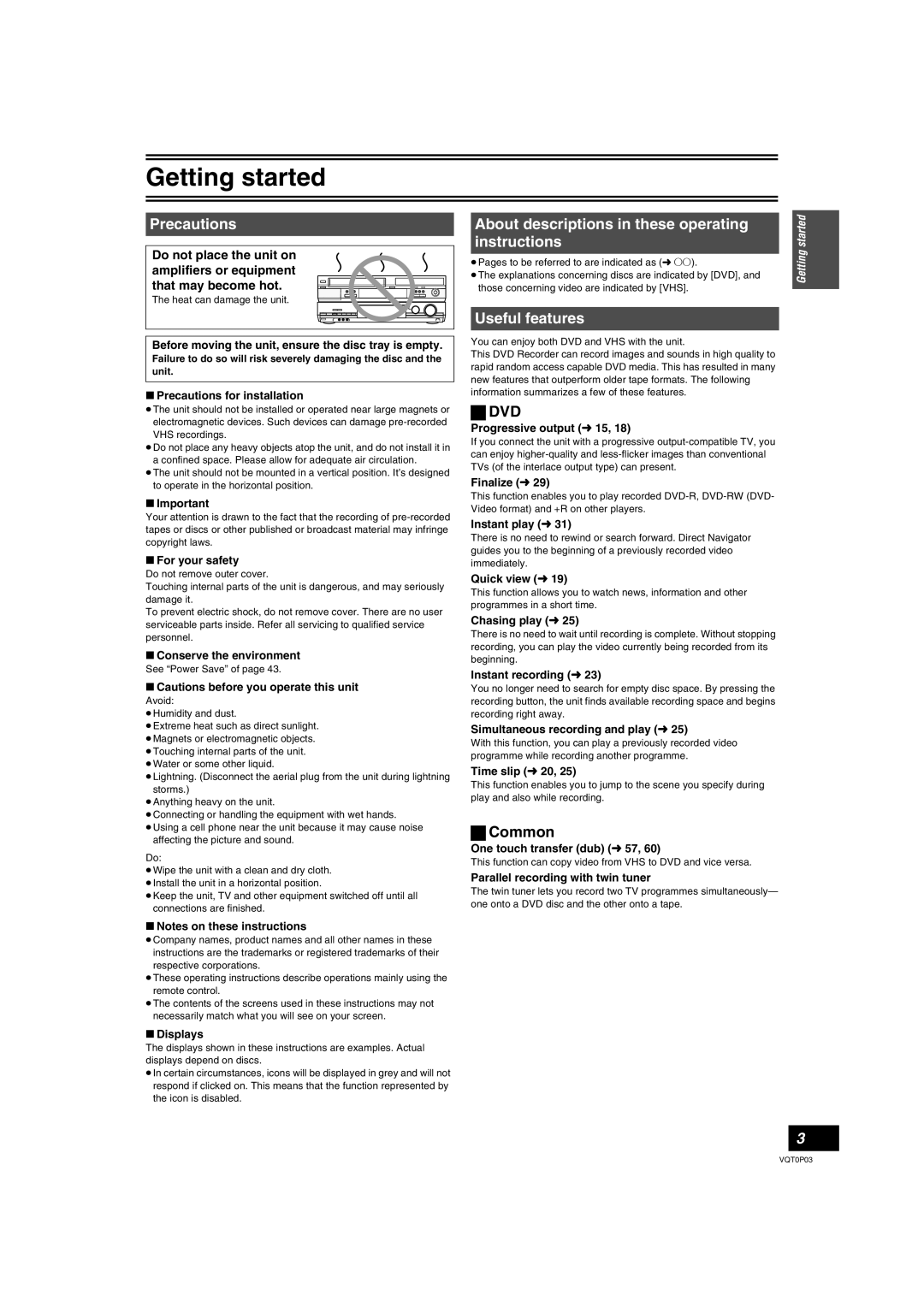 Panasonic DMR-ES30V Precautions, About descriptions in these operating instructions, Useful features 