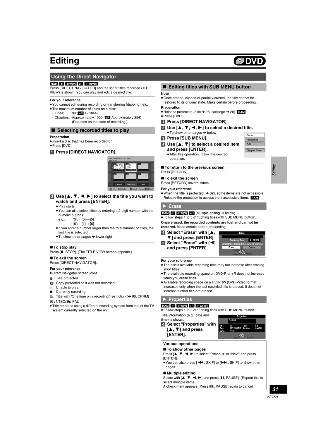 Panasonic DMR-ES30V Using the Direct Navigator, Selecting recorded titles to play, Editing titles with SUB Menu button 